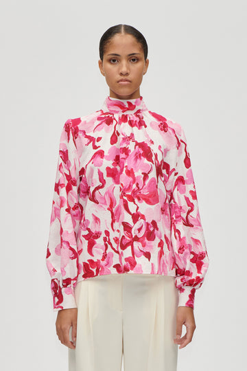 Stine Goya Gathered Highneck Long Sleeve Top Top Brush Stroke Magnolias