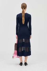 Stine Goya Scoopneck Fitted Long Sleeve Dress Knit Navy