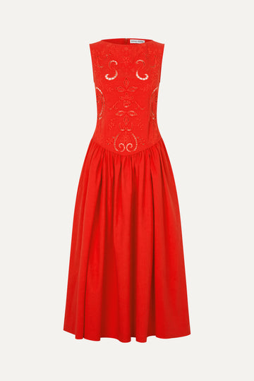 Embroidered Midi Dress - Fiery Red - Stine Goya Embroidered Midi Dress - Fiery Red - Stine Goya