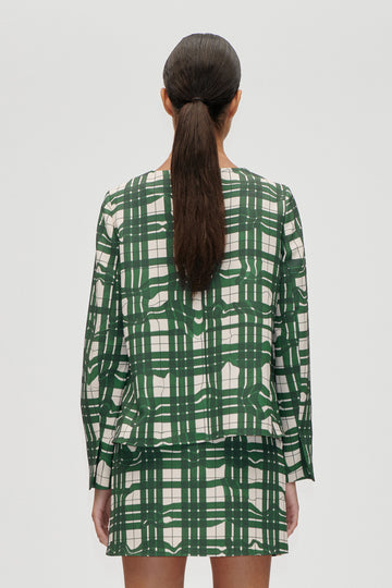 Stine Goya Long Sleeve Gathered Ruffle Top Top Checkered Wave