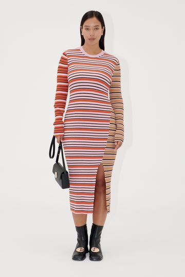 Stine Goya Long Sleeve Knit Dress w/Slit Dress Cream Stripes / Pink Stripes