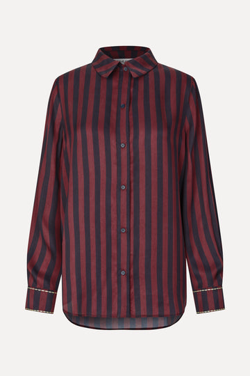 Stine Goya Long Sleeve Shirt Top Navy and Burgundy Wallpaper Stripes