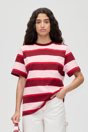 Stine Goya Loose T-Shirt Top Burgundy and Pink Stripes