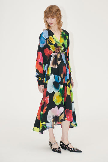 Stine Goya Voluminous V Neck Midi Dress Dress Watercolor Bloom